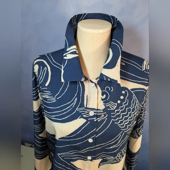 Asian Artist Inspired Navy and White Fish Print Blouse - Picture 3 of 6